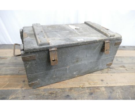 Vintage wooden carry toolbox containing quantity of spanners, files etc, measuring 29cm high, 63cm wide, 30cm deep.