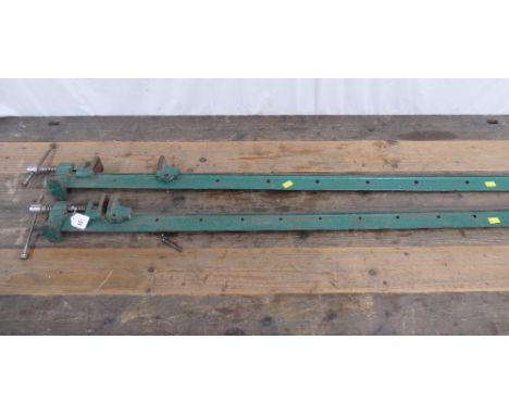 Pair of green heavy duty sash clamps, overall length 153cm.