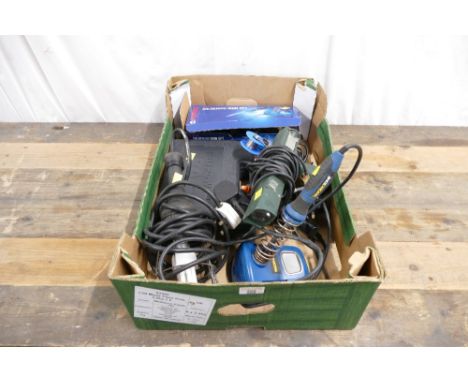Collection of various soldering irons, glue guns, tachostrobe and workshop work light.