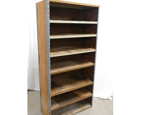 Workshop shelving constructed of steel and wood with adjustable shelf heights, measuring 185cm high, 92cm wide, 39cm deep.