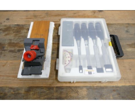 Stanley No 5000 bevel edged wood chisel set with sharpening stone and drill bit sharpener.