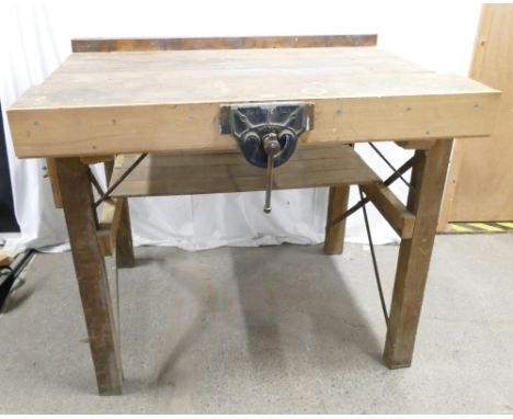 Heavy duty woodworking/workshop bench with under shelf and Woden No1 bench vice, measuring approx. 95cm high, 120cm wide, 93c