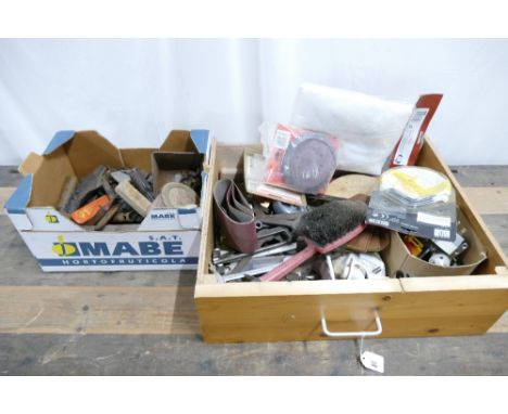 Two boxes of tools which include rasps, spanners, sanding belts etc.