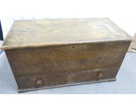 Large vintage wooden tool chest with internal compartment shelf and drawer in base, measuring 59cm high, 115cm wide, 57cm dee