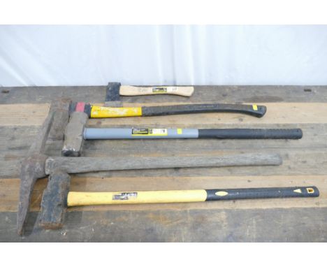 Two sledgehammers, pick axe, wood axe and chopper  This bladed lot is not for sale to people under the age of 18. By bidding 