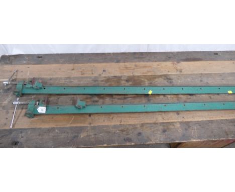 Pair of green heavy duty metal sash clamps, overall length 184cm.