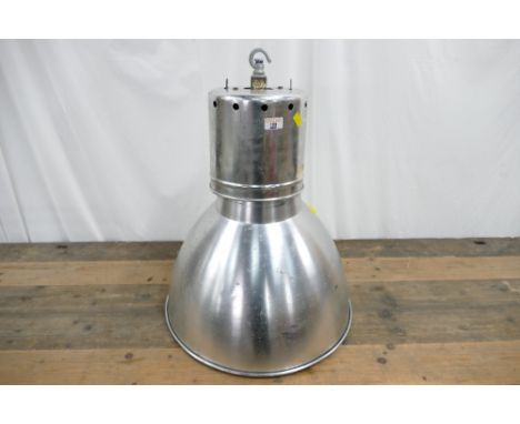 Large aluminium industrial pendant light measuring 48cm in diameter.
