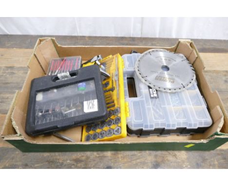 Box containing an assortment of screws in carry case, tap and die set, manual staple guns etc.