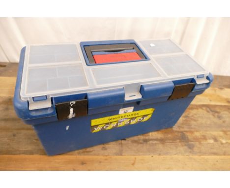 White Furze carry workshop toolbox containing selection of tools which include spanners, screwdrivers, drill bits etc.