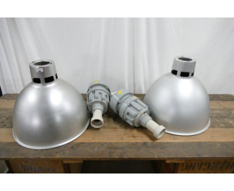 Pair of large industrial aluminium pendant lights, approx. 49cm diameter, with Simplex - GE light fittings.