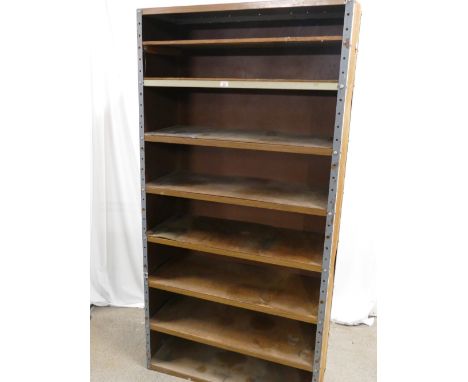 Workshop shelving constructed of steel and wood with adjustable shelf heights, measuring 185cm high, 92cm wide, 39cm deep.