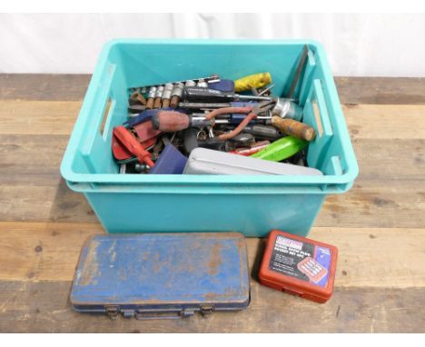 Box containing quantity of workshop tools which include spanners, screw drivers and Sealy diesel glow plug socket set.