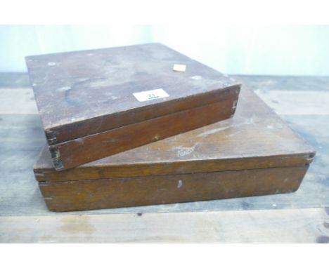 Two vintage wooden boxes with sections containing small screws, panel pins etc.