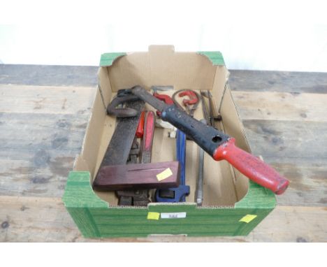 Box containing selection of G-clamps, callipers, pipe wrenches and Bahco No 38 nail puller.