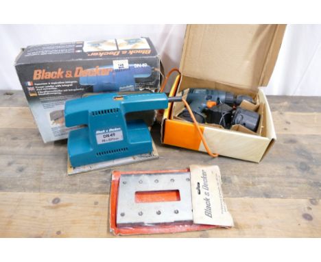 Blacker and Decker cordless drill, power sander and abrasive perforator.