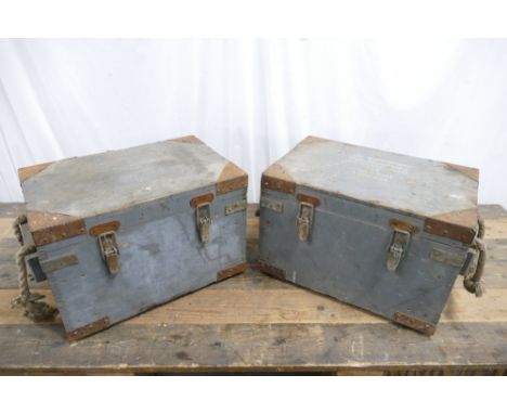 Pair of vintage miltary storage boxes measuring 30cm high, 45cm wide, 30cm deep.