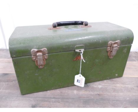 Small green metal toolbox with contents, measuring 18cm high, 36cm wide, 18cm deep.