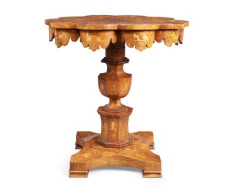 A Biedermeier marquetry walnut centre table, first quarter 19th century, inlaid with Neoclassical design, the shaped top abov