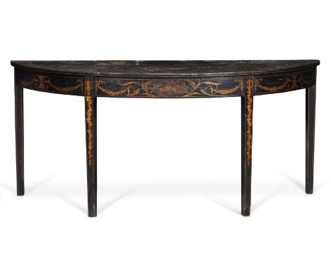 A George III hand-painted and black lacquered demi-lune console table, last quarter 18th century, the centre of the top decor