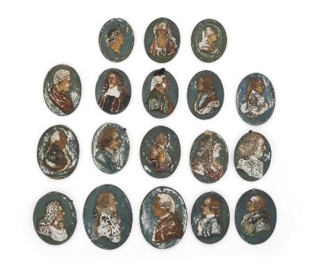 A collection of eighteen Wedgwood creamware oval portrait medallions, late 18th century, each cold-painted in polychrome enam