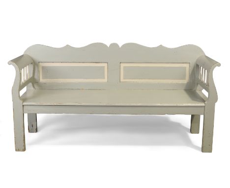 A Swedish painted pine hall bench, 19th century, the shaped back to curved arms, on rectangular block legs, 97cm high, 190cm 