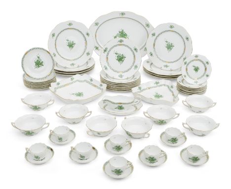 A modern Herend porcelain 'Apponyi Vert' dinner service, blue factory marks, with osier weave pattern to the borders, compris