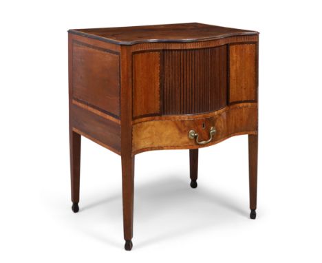 A George III mahogany, ebonised and satinwood crossbanded bedside commode, last quarter 18th century, in the manner of Ince &