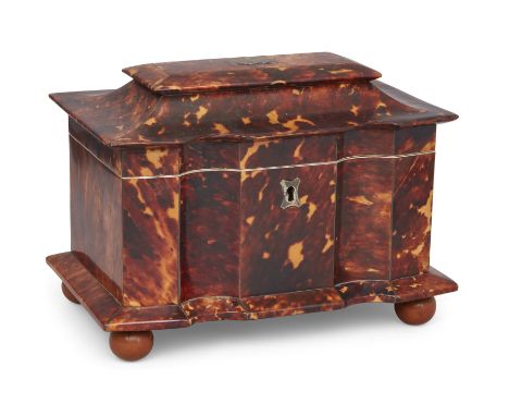 A Regency tortoiseshell tea caddy, first quarter 19th century, with pagoda top inset with a vacant brass cartouche, with whit