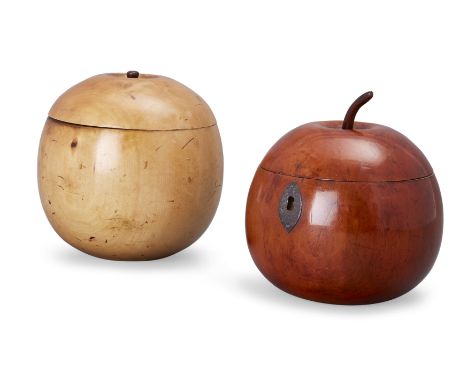 A fruitwood apple-form tea caddy, possibly c.1800, with later stalk and iron escutcheon, 12cm high; together with a fruitwood