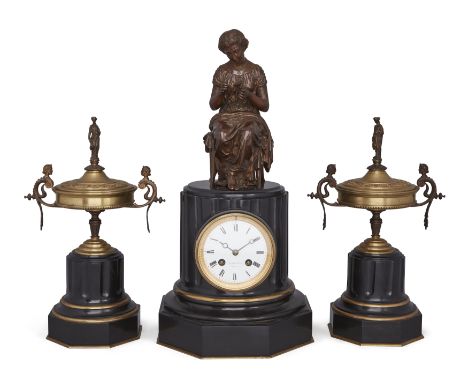 A French gilt and patinated bronze mounted black slate three-piece clock garniture, late 19th century, the central clock in t