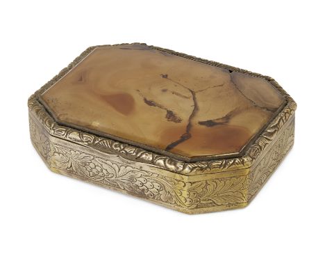 A Continental gilt-brass and agate snuff box, 19th century, with canted corners, the sides engraved with a continuous design 
