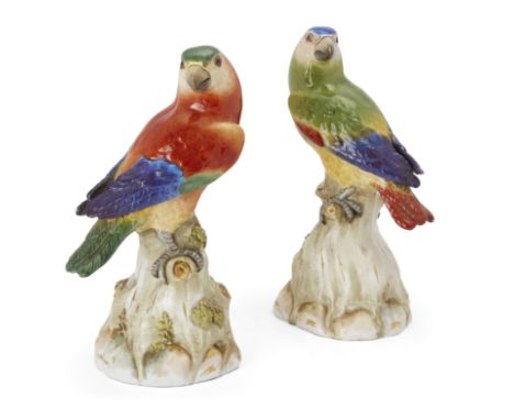 A pair of Meissen models of parrots, late 19th century, blue crossed swords marks, incised model number 59, Pressnummern 120 