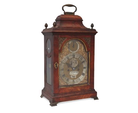 A George III mahogany bracket clock, third quarter 18th century, the case with a caddy top surmounted by a swing handle and f