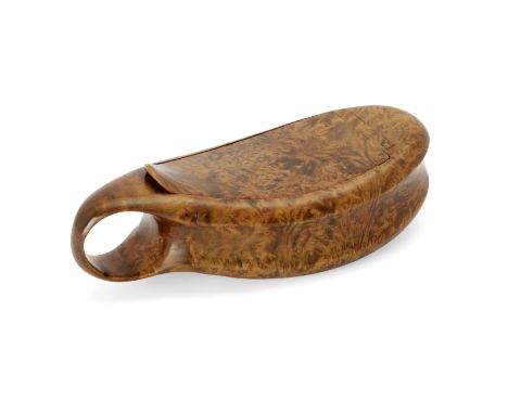 An English burr maple novelty snuff box, first half 19th century, in the shape of a ship's pulley, with tortoiseshell lining,
