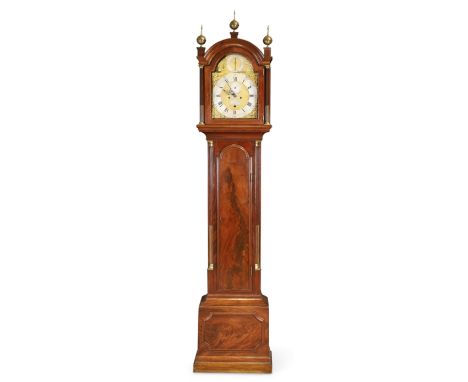 A George III mahogany longcase clock, William Nicholls, London, late 18th century, the break arched moulded cornice with thre