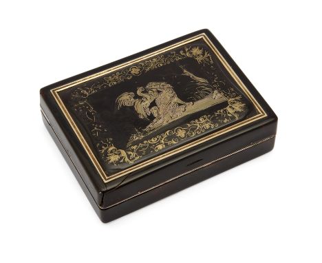 A French tortoiseshell and silver-gilt snuff box, mark Paris, 1819-1838, the pique-work cover with a crane feeding a wolf wit