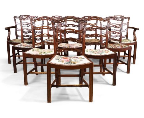 A set of ten English mahogany dining chairs, George III style, Chippendale design, first quarter 20th century, with pierced l