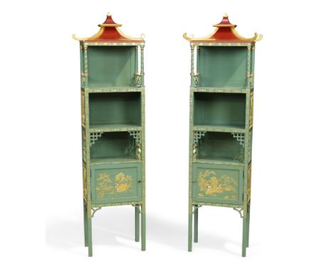 A pair of modern japanned 'pagoda' open cabinets, of Chinese Chippendale style, last quarter 20th century, one signed Elena V