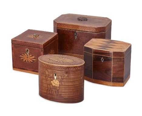 A group of four George III marquetry tea caddies, late 18th century and later, comprising: an oval harewood example with flow