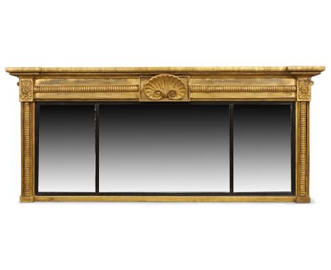 A Regency triple plate gilt wood overmantel mirror, first quarter 19th century, the rectangular plates with reeded ebonised b