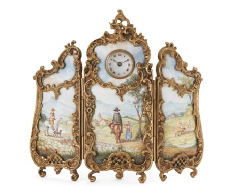 A Viennese triptych boudoir clock gilt-metal and enamel triptych boudoir clock, early 20th century, the three panels painted 