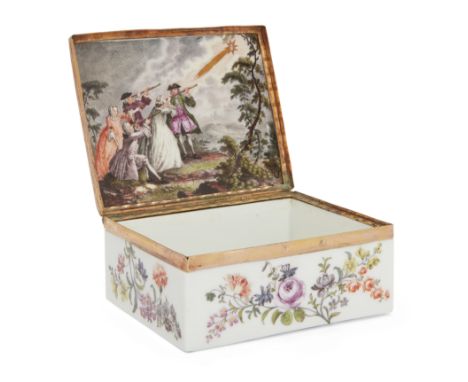 A copper-gilt-mounted Meissen porcelain rectangular snuff-box and cover, c.1755-60, the mount probably circa 1800, the cover 