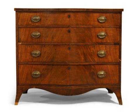 A George III mahogany and line inlaid serpentine front chest, first quarter 19th century, with four graduated drawers, on spl