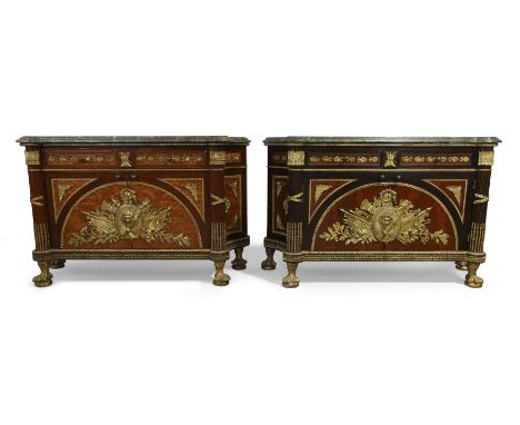 A pair of French mahogany and walnut commodes à vantaux, in the manner of Guillaume Benneman, Louis XVI style, 20th century, 