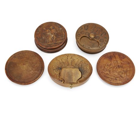 A French pressed burr maple snuff box and two lids, early 19th century, the box with cover entitled LES INVALIDES EN GOGUETTE