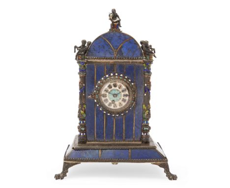 A Viennese silver and enamelled lapis lazuli clock, Herman Böhm, Austrian, c.1880, the case with arched cornice surmounted by