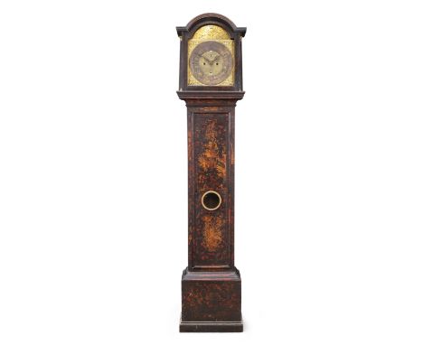 An English longcase clock, early 18th century, the red jappaned case decorated with gilt chinoiseries, the break arch hood wi