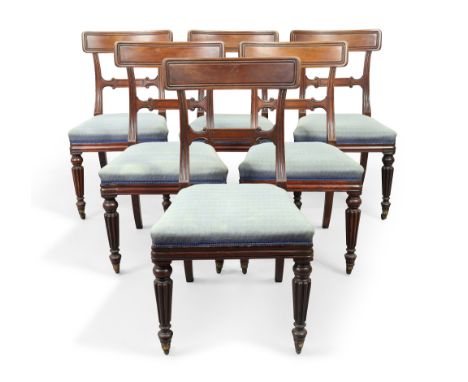 A set of six Victorian mahogany dining chairs by Gillows, second quarter 19th century, the curved tablet top-rail above a hor