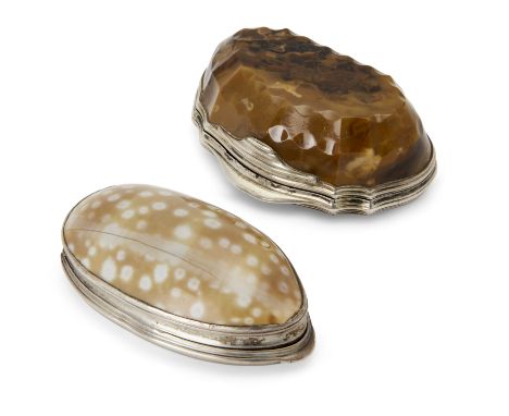 A George III white metal-mounted agate snuff box, second half 18th century, of shaped oval form, the body and lid with a cont