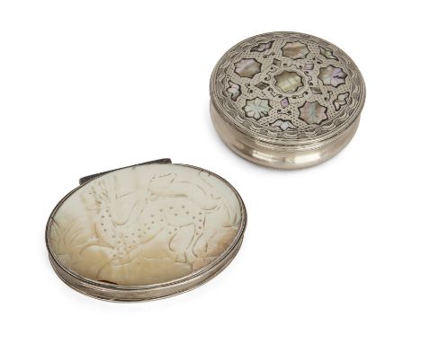 A white-metal, abalone and tortoiseshell snuff box, possibly Dutch, mid-18th century, of circular form, the cover with star m